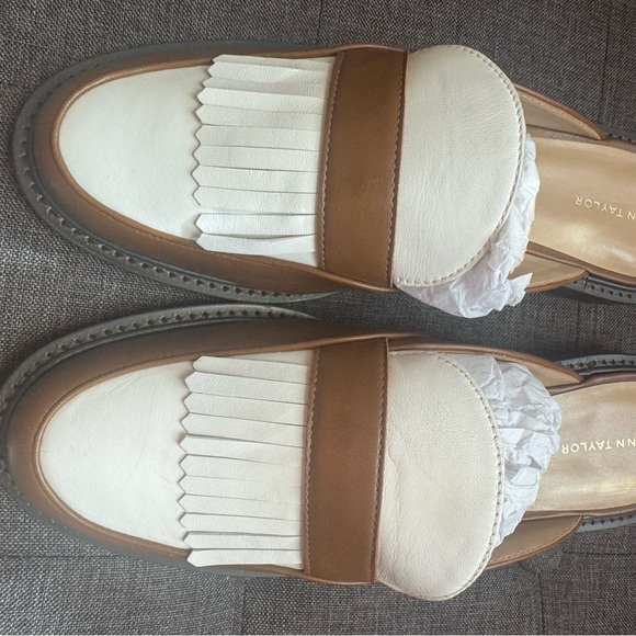Ann Taylor Brown and White Mules with Fringe - Picture 2 of 4